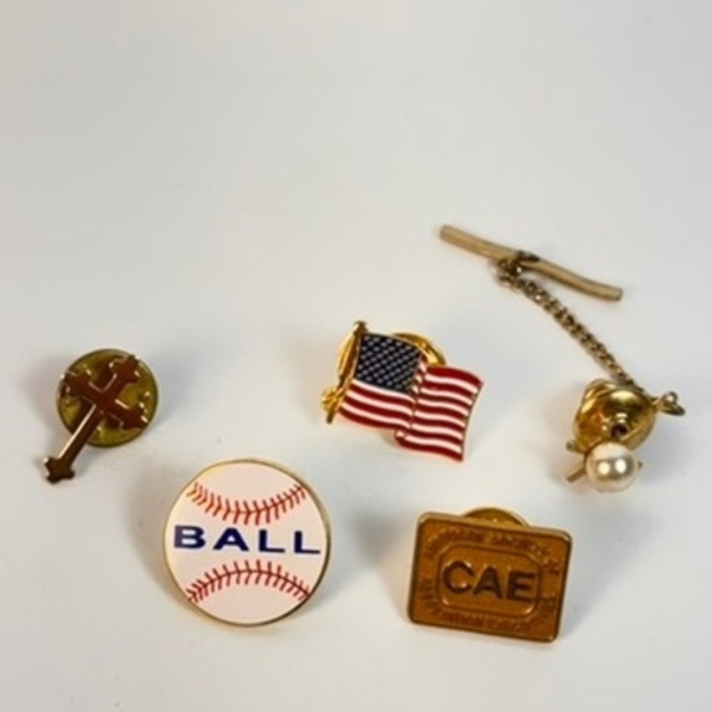 Vintage Lapel Pin Lot Gold Tone Baseball Flag Cross Pearl Tie Tack Americana